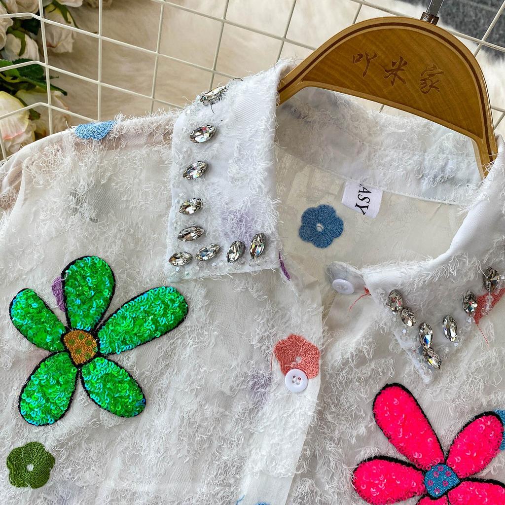 Premium Heavy Industry Diamond Sequined Flower Lapel Lantern Sleeve Shirt Women's Summer Sweet Age-reducing Loose Fringed Top
