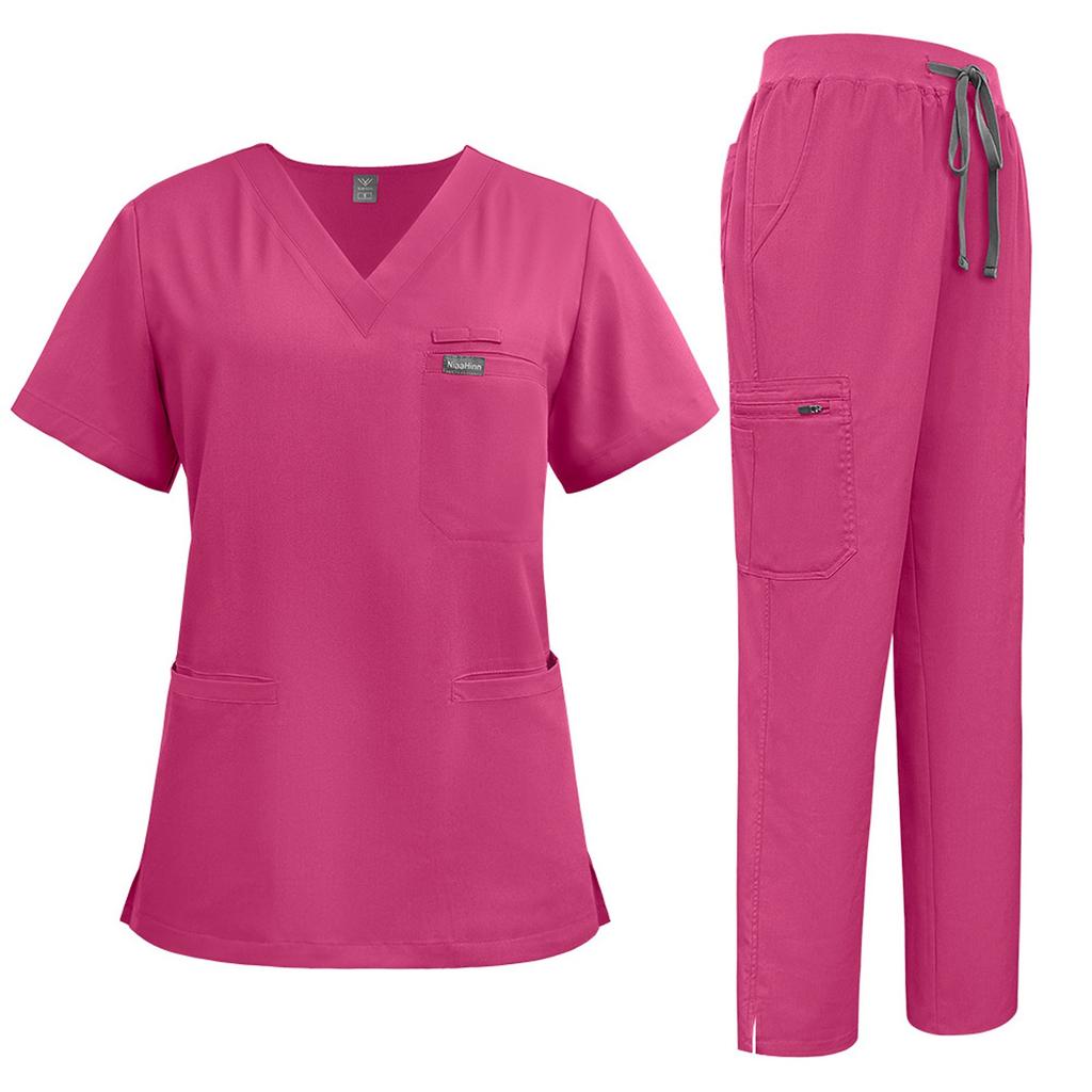 Women's Short Sleeved Solid Color V Neck Pocket Top Pants Work Clothes Two Piece Set