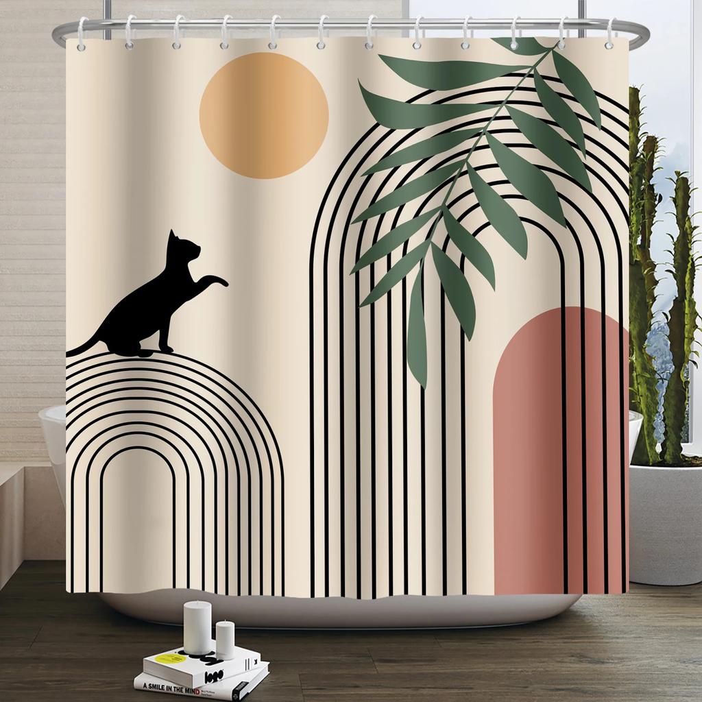 Nordic Wind Boho Shower Curtain for Bathroom Abstract Mid Century Modern Minimalist Geometric Arch Beige Bohemian Bath Curtain