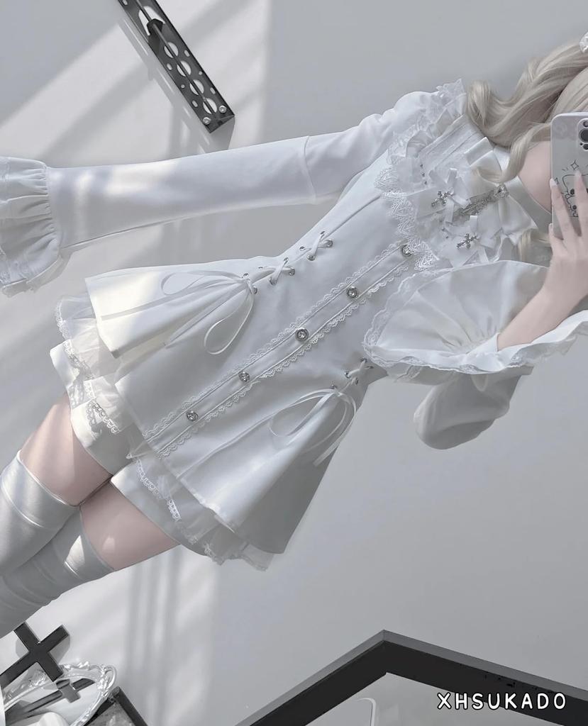 Cute Long Detachable Cross Ribbon Ruffled Flared Lolita Girly Student Outfit [XHSUKADO] Women's Lace-Up Dress, Sleeves, Brooch, Lace, Sleeves, A-Line,