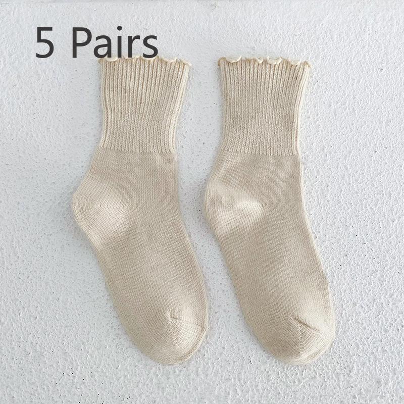 5 Pairs of Women's Autumn/Winter Solid Color Sweet Lace Thick Warm Wool Tube Stockings