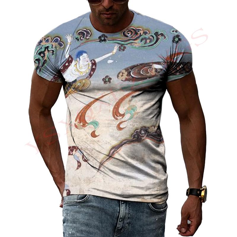 China Dunhuang Mural Graphic Shirt 3D Harajuku Print New Summer Retro Art Casual Short Sleeve Top For Men And Women Personality