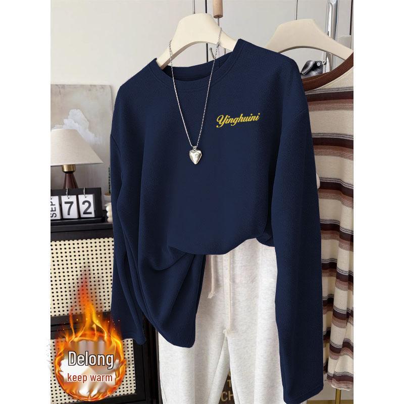 

Plus Size European Sweet Temperament Letter Print Double-Sided Round Neck Long Sleeve Top for Autumn/Winter M (80-100 jin)