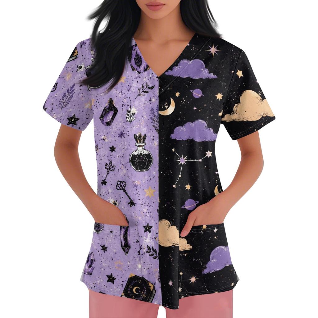Women Short Sleeve Halloween Print V Neck Pocket Medical Scrub Top Nurse Uniform Shirt Comfortable Fit Durable Fabric