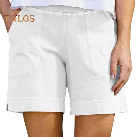 Women's Cotton Linen Shorts Elastic Waist Baggy Short Pants with Pockets Casual Knee-Length Summer Shorts
