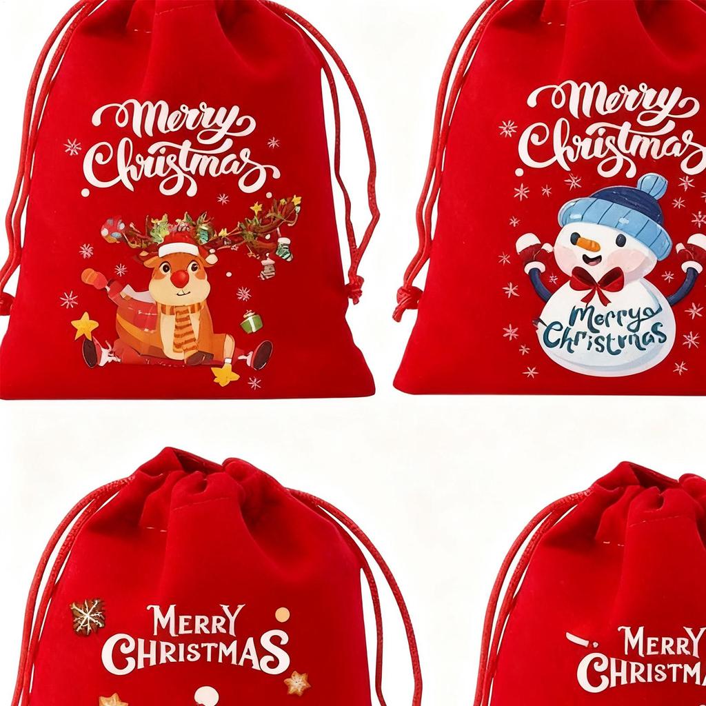 Velvet Drawstring Bags 6 Pieces Snowman Print Pouch Christmas Red Drawstring Bags For Adults Holiday Home Parties Stocking