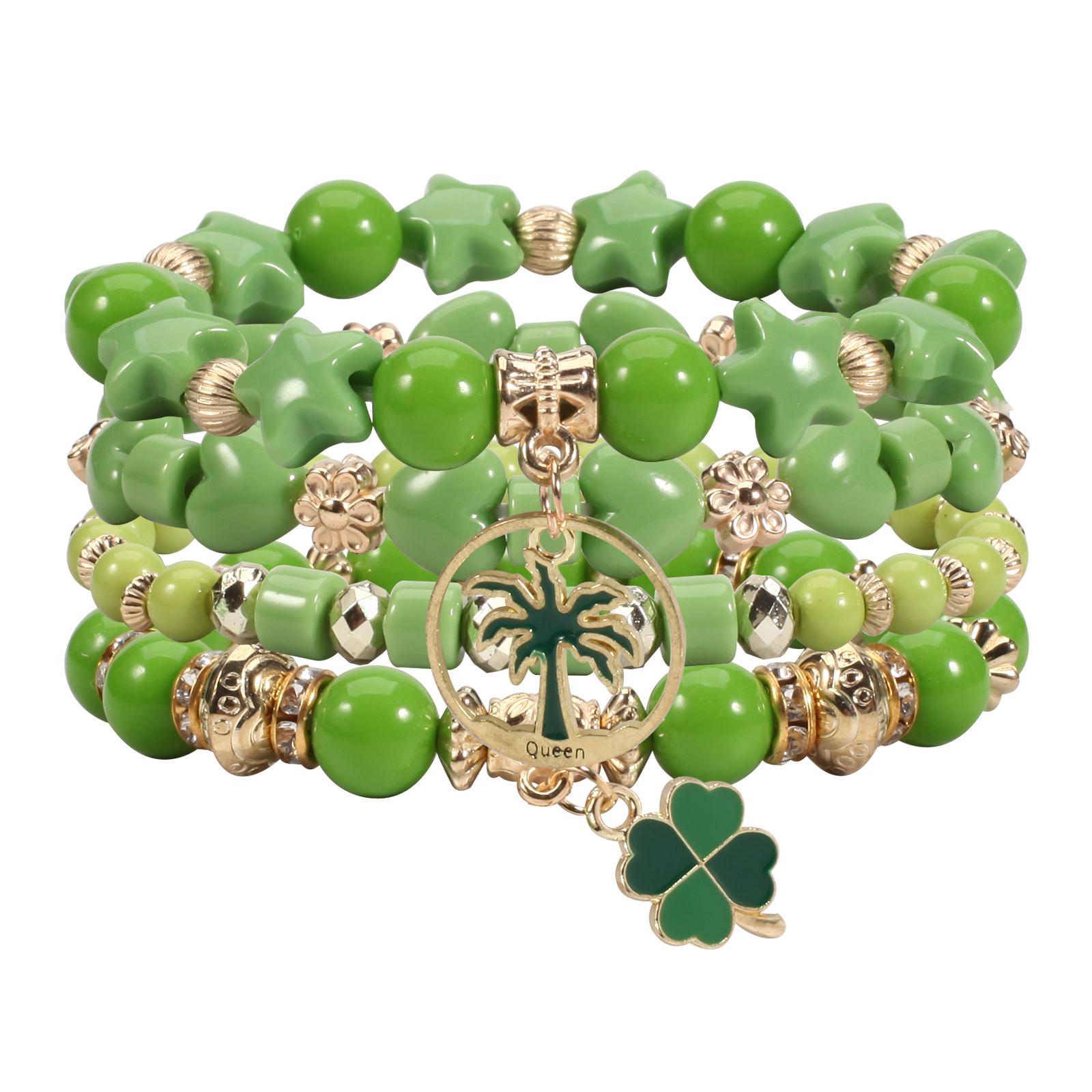 

St. Patricks Day Bracelets Handmade Beaded Stackable Bracelet Irish Green Leaf Hat Lucky Shamrock Charm Bracelet for Women 18cm