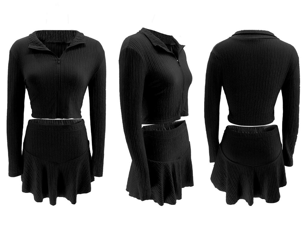 Dames Effen Kleur Rits Cropped Top & Ruche Rokje Set