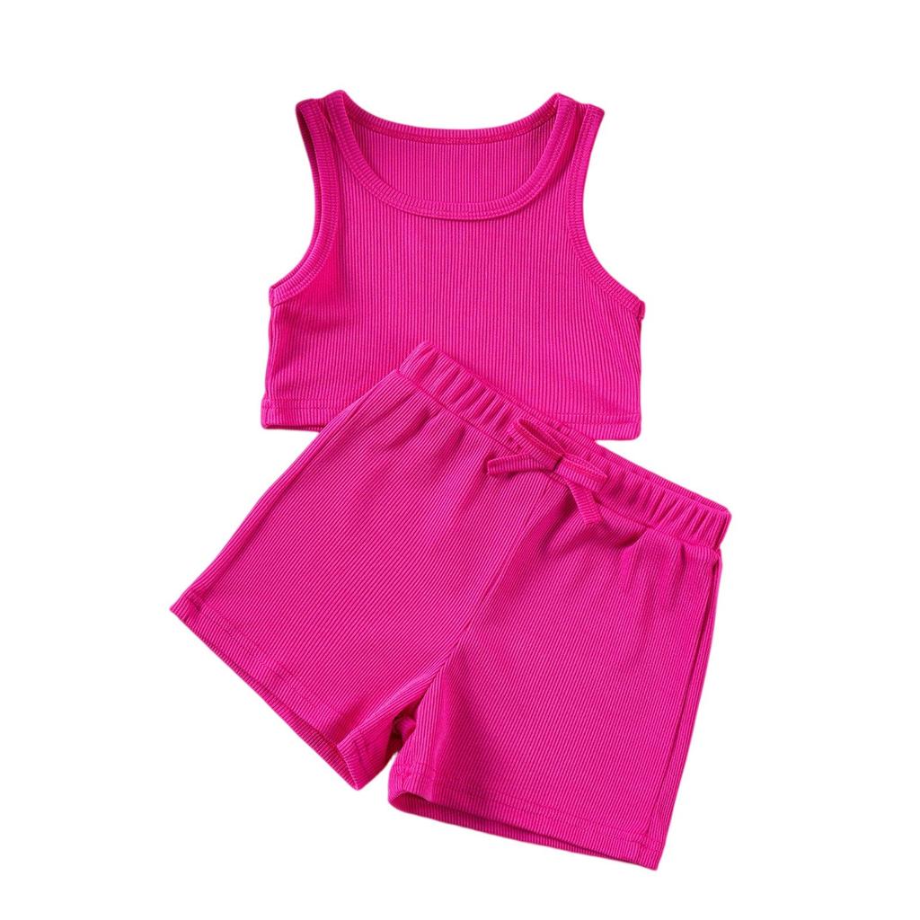 Girls' Solid Color Set - Sleeveless Top & Elastic Waist Shorts