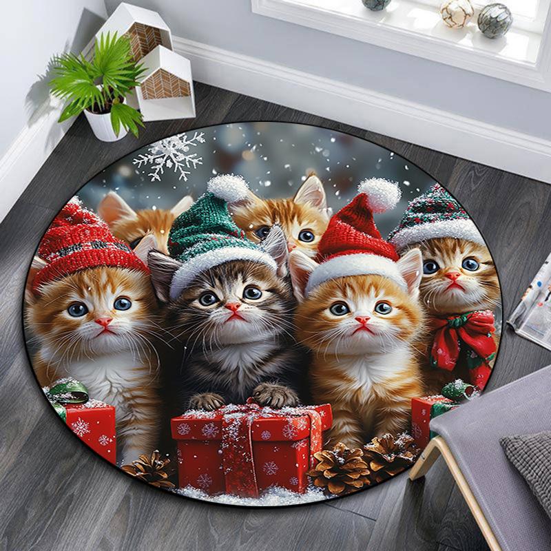 Christmas Kittens Round Area Rug,Carpet Rug for Living Room Bedroom Sofa Playroom Decor,Non-slip Floor Mat