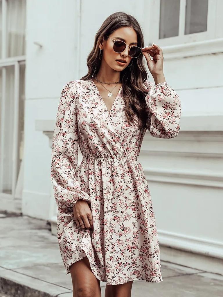 Nové podzimní módní tištěné šaty s dlouhým rukávem