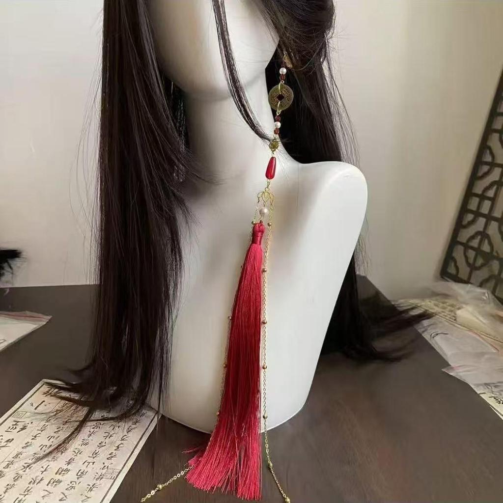 Mountain Ghost Flower Copper Coin Earrings with Tassels - Unisex Hanfu Style Ear Cuffs