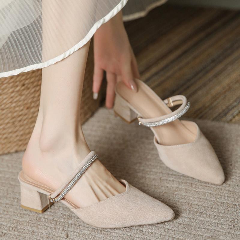 Fashion pointed toe suede leather sandals women two wears med-high heels summer shoes woman crystal band cover toe gladiator sandalias