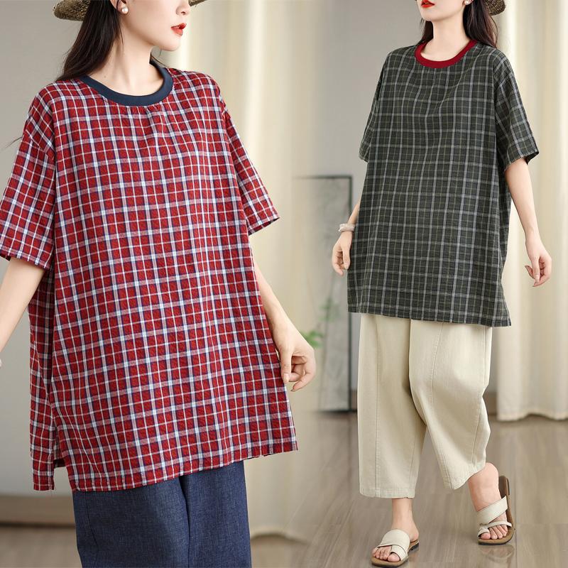 DIMANAF 2025 Summer Plus Size T-Shirt Vintage Women Short Sleeve Plaid Fashion Loose Tops Tees