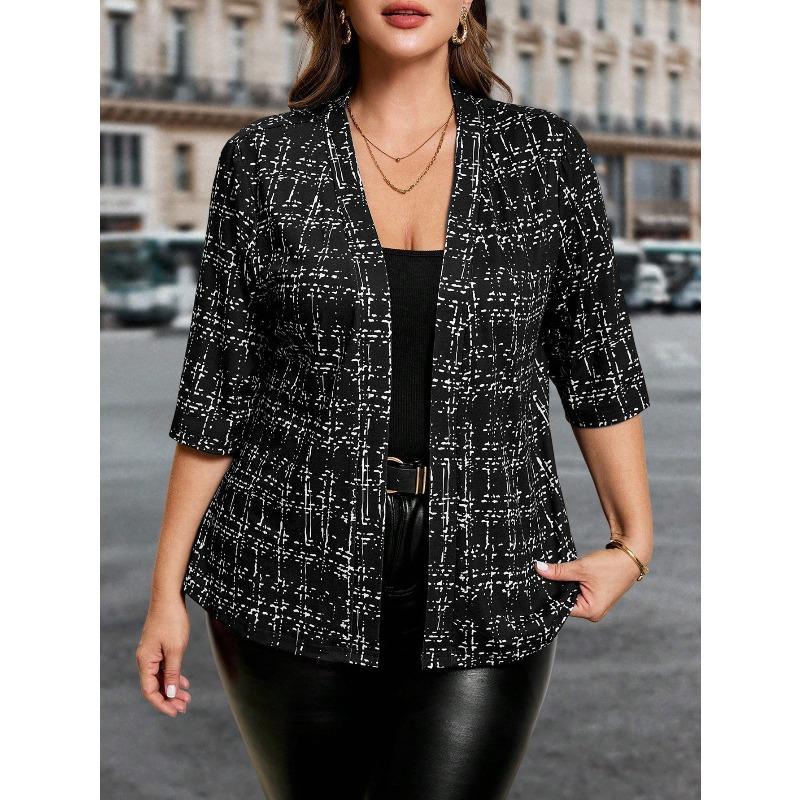 Plus Size Women's Cute Black & White Print Blazer, Lightweight 3/4 Sleeve Open Front Jacket, Super Comfy for Daily & Office Wear