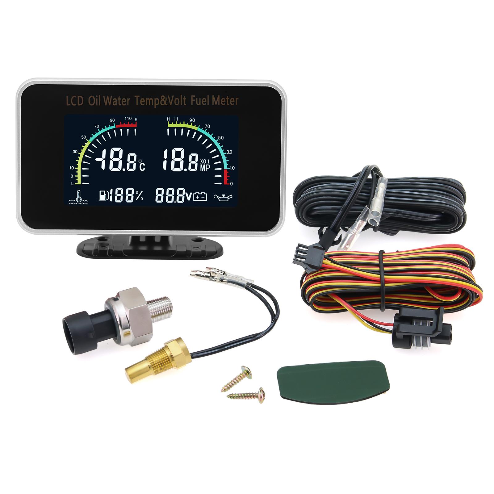 

4 в 1 ЖК-датчик давления масла + температура воды + указатель уровня топлива + напряжение с датчиком для универсального автомобиля грузовика 12 В 24 В