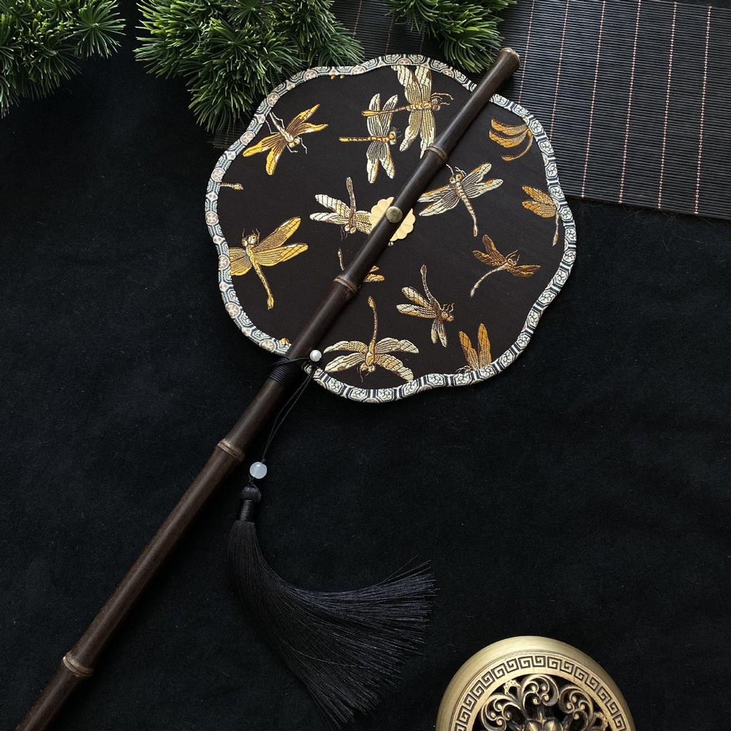 Hanfu Round Fan: Ancient-Style Purple Bamboo with Long Handle, Tassel, and Foldable Design.
