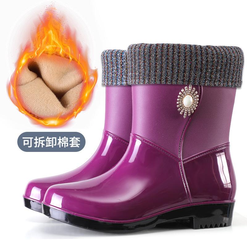 New fashion rain shoes women's medium tube non-slip warm thickened wear-resistant rain boots cotton kitchen overshoes