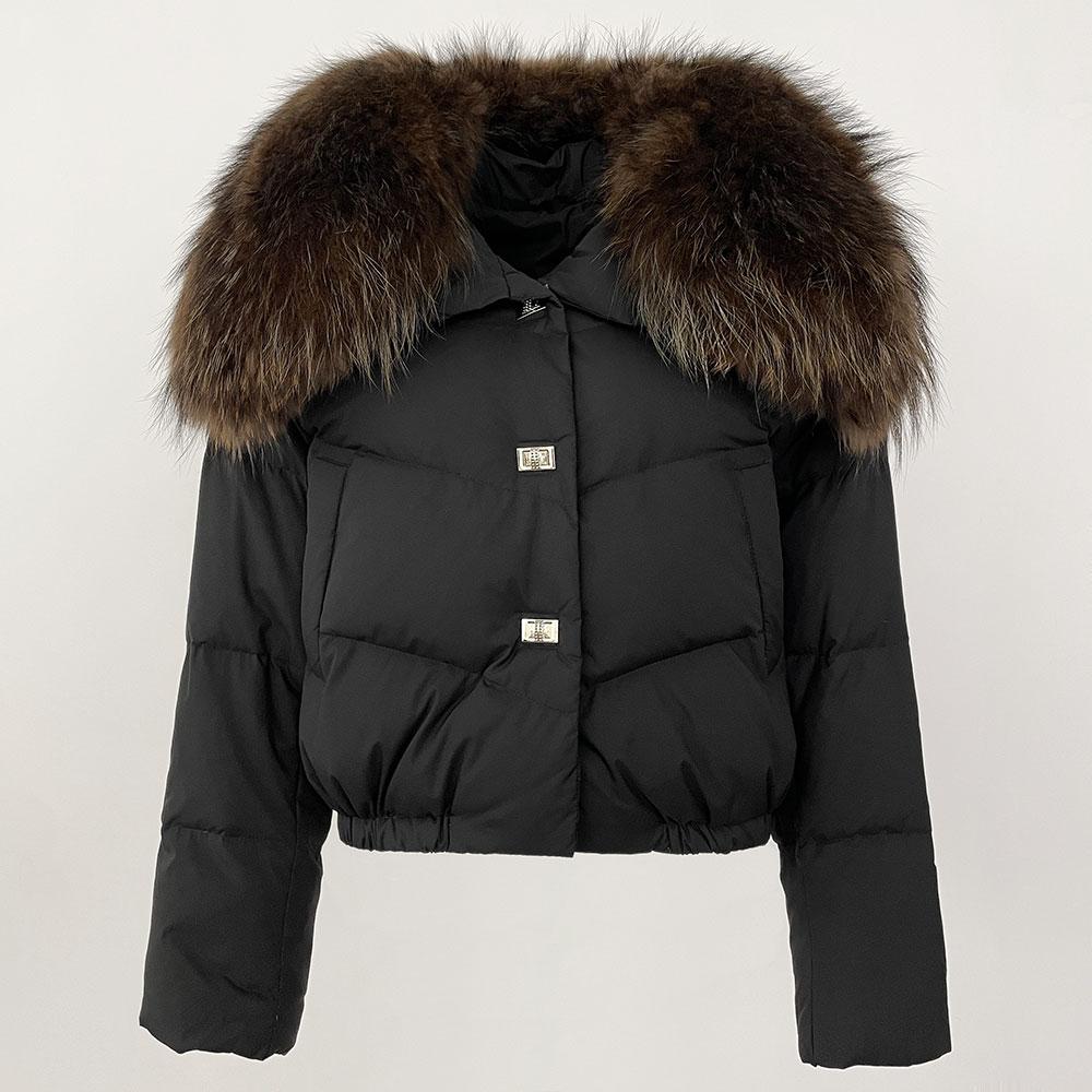 OFTBUY Geacă de Iarnă Femei Guler Mare din Blană Naturală de Raton Real, Gros, Cald, Puf de Rață, Scurt, Îmbrăcăminte Exterioară, Streetwear, Larg, Casual