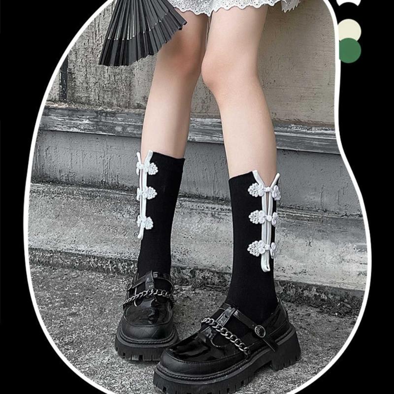 Womens Casual Crew Socks, Chinese Style Cheongsam Buckle Design Ladies Socks Solid Color Cotton Calf Socks