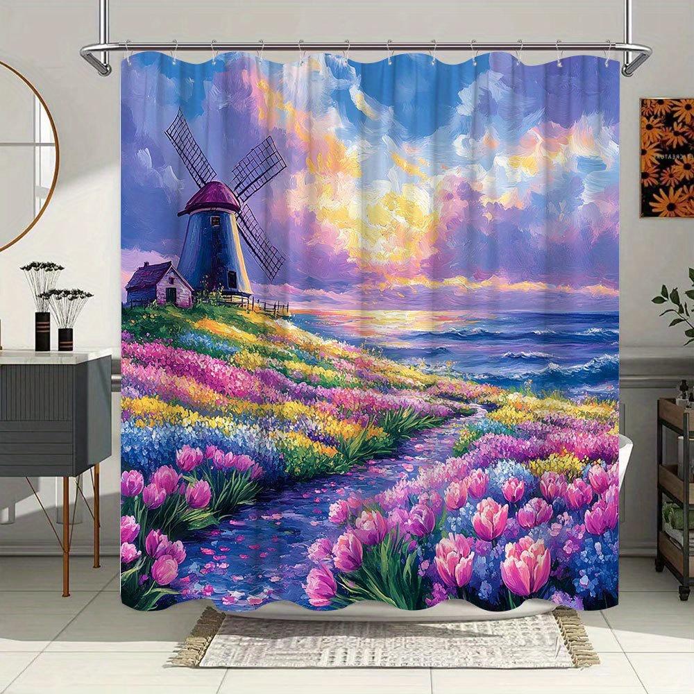 

Vibrant Windmill Floral Waterproof Mildew-Resistant Shower Curtain - Scenic Design for a Peaceful Bathroom Décor Experience W90XH180cm