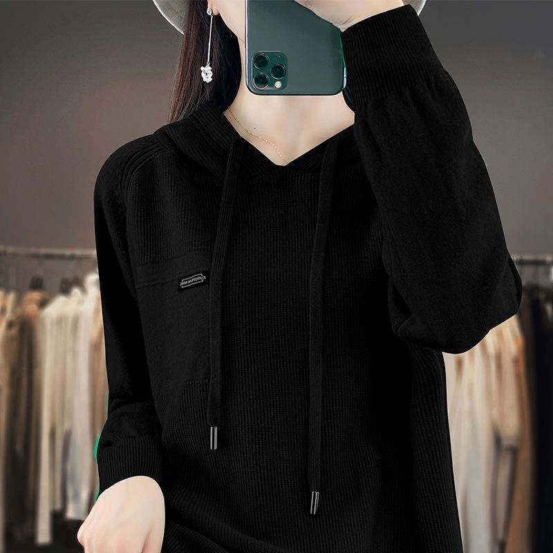 DAFIFY Women's Fashion Casual Fall Winter Solid Color Print Long Sleeve Hooded Sweaters