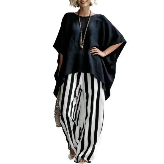 

Women T-shirt Pants Two Piece Set Summer O-Neck Short Batwing Sleeves Shirt Striped Trousers Loose Casual Top Pants Suit S чорний