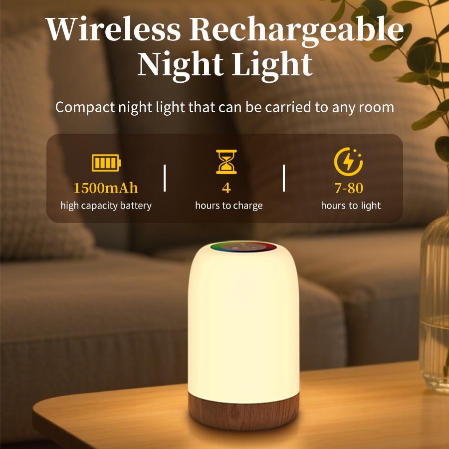LED Touch Lamp with Dimmable RGB Colour Wood Grain Table Lamp Timing Function USB Rechargeable Night Light for Bedroom Kids Deco