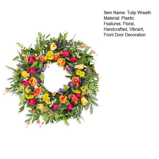 18" Tulip Wreath for Front Door Spring Summer Artificial Floral Garland with Eucalyptus Flowers for Indoor Outdoor Porch Window Wall Decor