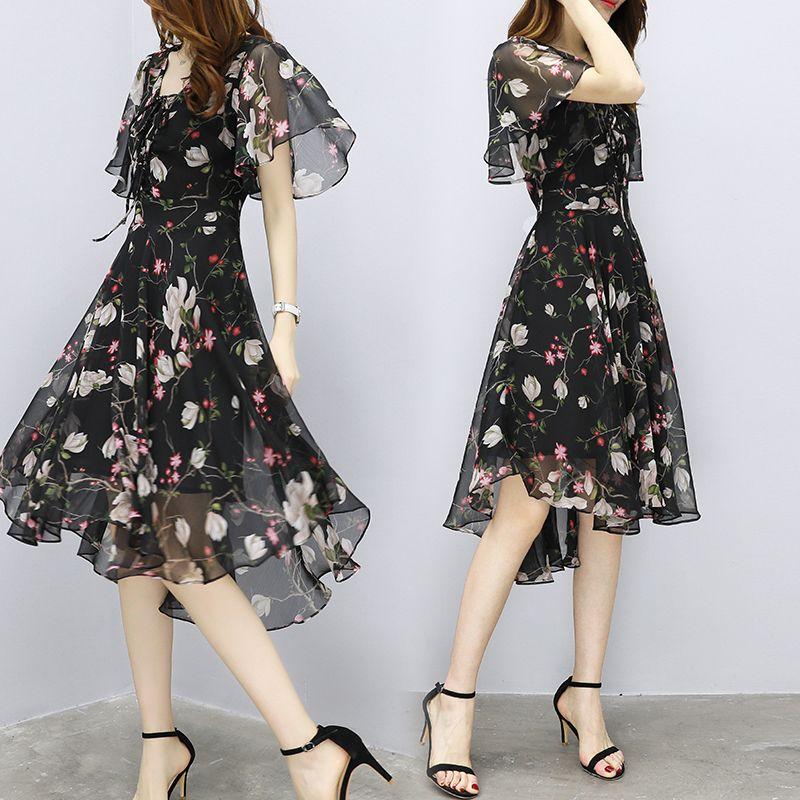 Duża damska sukienka Spódnica wróżki Gruba siostra Szyfonowa spódnica trapezowa Seksowna spódnica z dekoltem w serek Moda Flare Sleeve Swallowtail Spódnica Design Dress