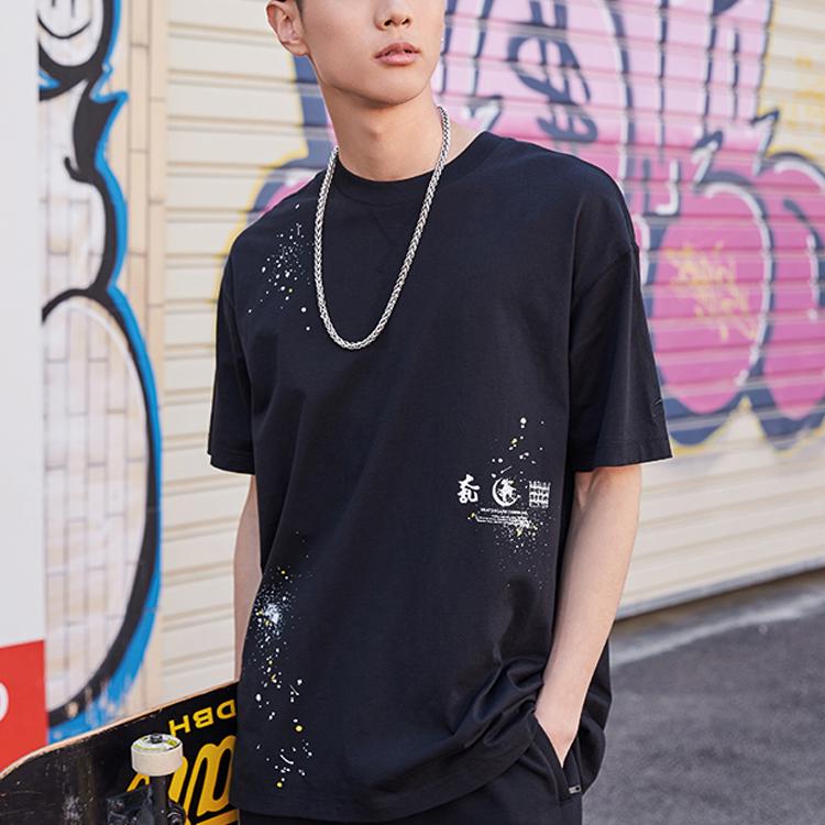Li-Ning Ink Dot Print Round Neck Short Sleeve T-Shirt Men Tops Black AHSR081-1