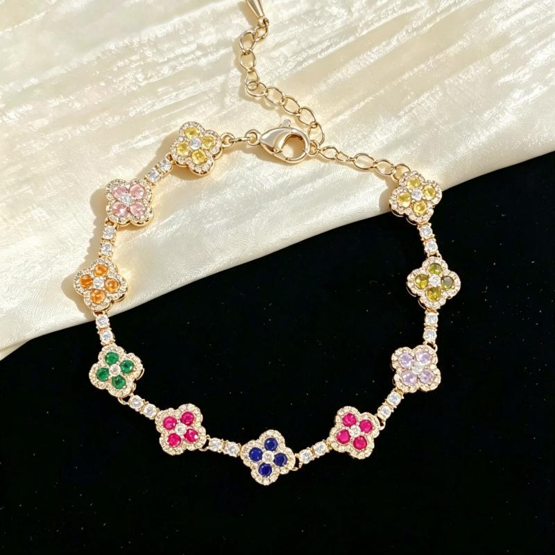 Bracelet Quadrifoglio Diamant Zircon Multicolore Rétro - Bracelet Ajustable pour Femme Luxe Léger