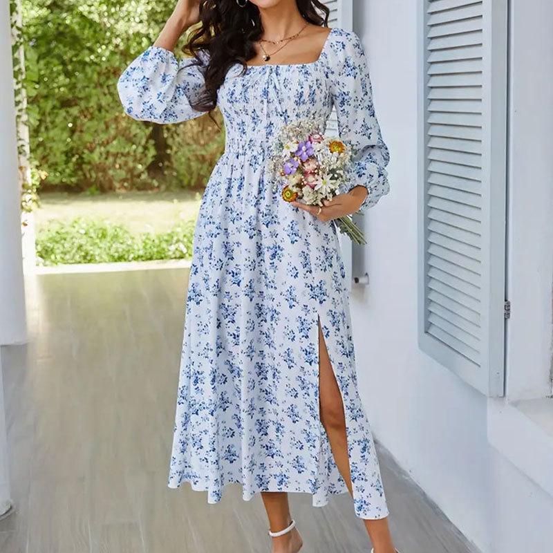 Women's Summer Elegant Square Neck Long Sleeve Split Floral Long Dresses