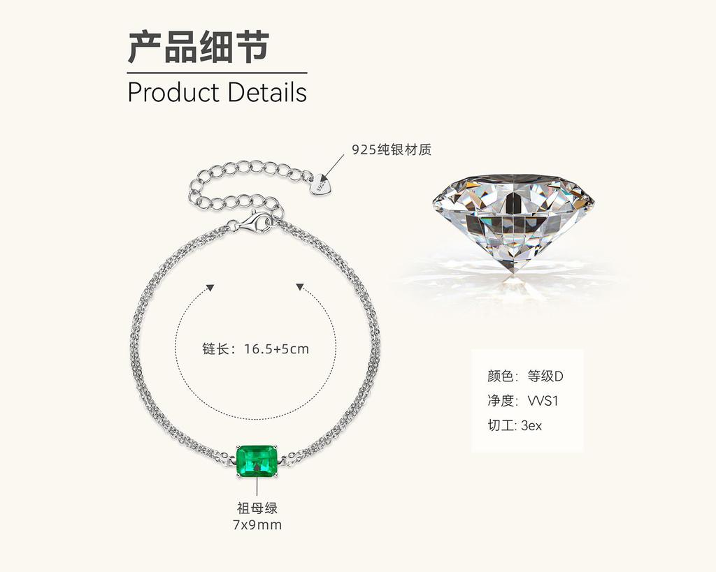 Silvere Glam New Square Emerald Bracelet From Europe And America, High-end Design Sense, Double-chain Jewelry, S925 Sterling Silver Chain