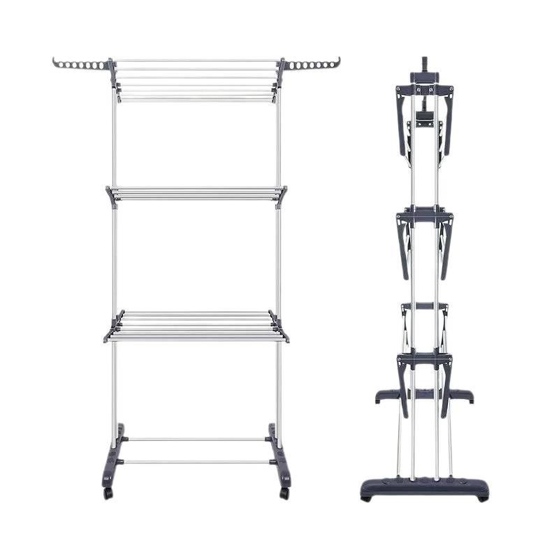 Folding Towel Rack with Retractable Double Rod for Balcony and Floor Drying