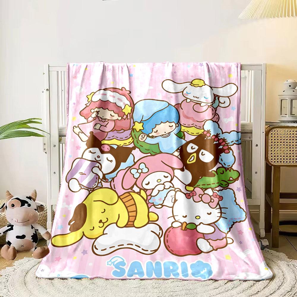

Cute cartoon characters sleeping on pastel pillows with a pink striped background. for all seasons blanket lunch break throw gift 80cm x 120cm