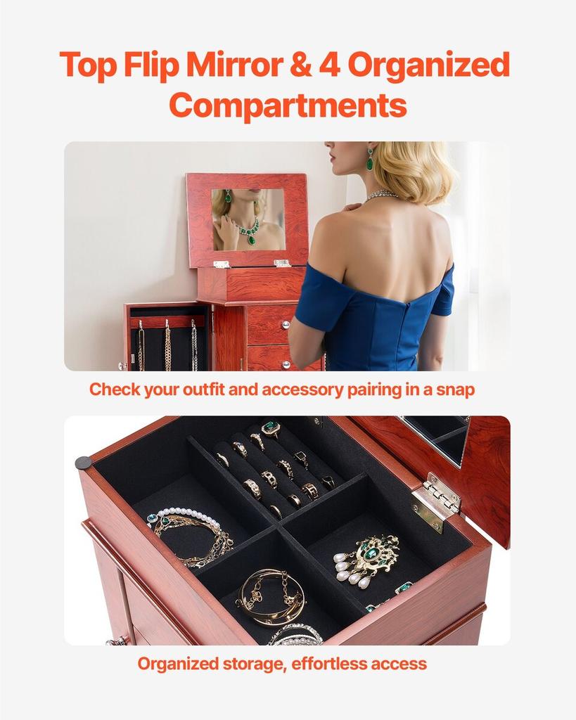Jewelry Cabinet Armoire, Standing Wood Jewelry Storage Chest with 3 Drawers, Flip Top Mirror, 4 Top Storage Compartments, Zinc Alloy Handles, 2 Side
