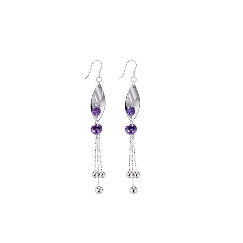 Purple Diamond Leaf Long Fringed Earrings Women's Fashion Korean Version Versatile Earrings Mori Ethnic Style Earrings