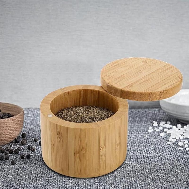 Bamboo Salt Pepper Seasoning Jars Set Wooden Condiment Storage Box with Lid Multi Bowls Function