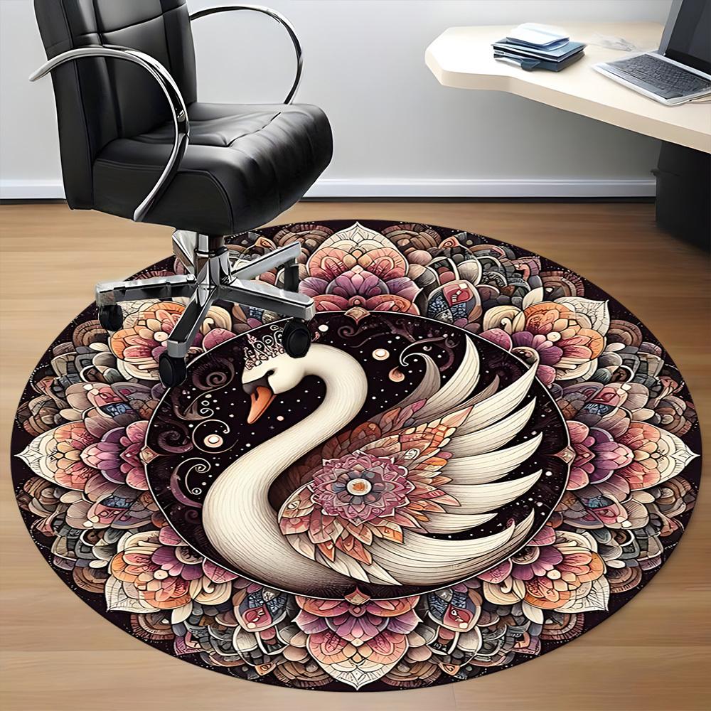 1PC Swan Mandala Art Office Round Rug, Non slip, Soft and Durable Office Rug for Interior Decoration, Perfect for Office