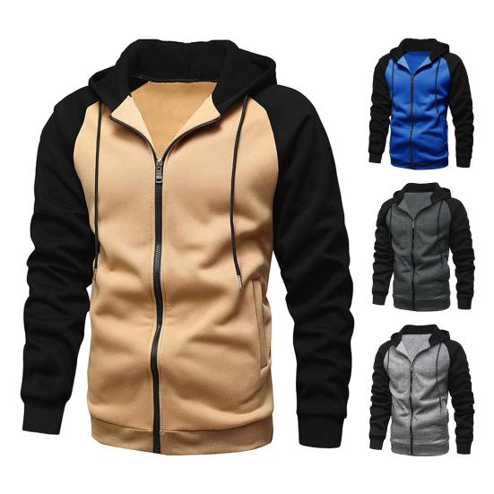 Herren Herbstmantel Locker Kapuze Langärmlig Reißverschluss Kontrastfarbe Warmhalten Kordelzug Lässiger Herbst-Hoodie für den täglichen Gebrauch