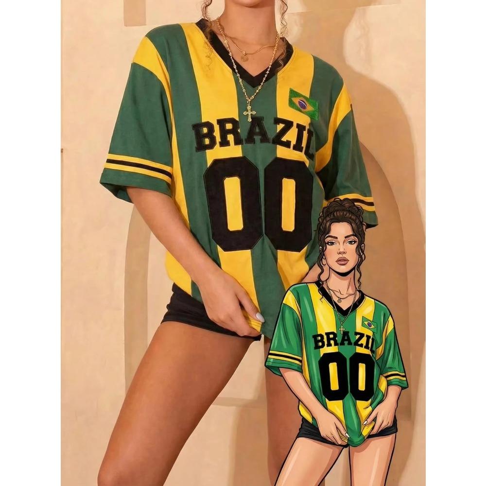 Fashion Y2K Brazil Style Jersey Green & Yellow Striped Print V-Neck T-Shirt Streetwear Style Sporty Stylish T Shirt