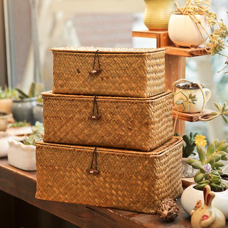 Handcrafted Grass 3pcs Woven Storage Box With Lid Lock Gifts Xmas Hamper Basket