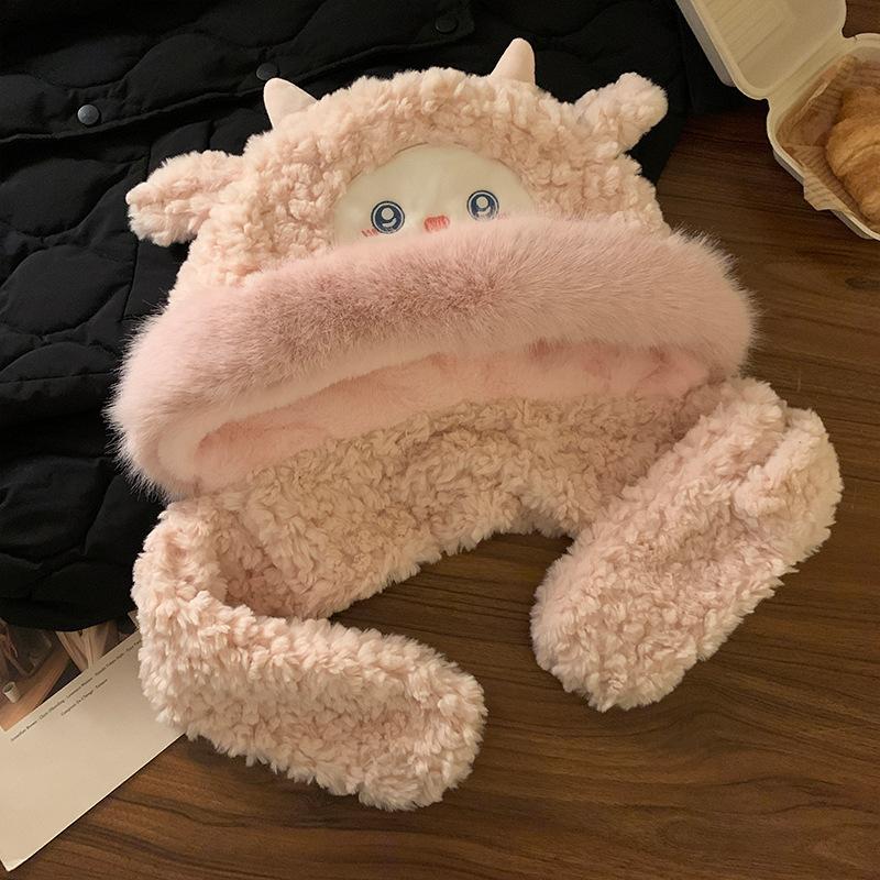 Cute little sheep plush hat women's winter new cold-proof and warm hat scarf integrated thickened ear protector