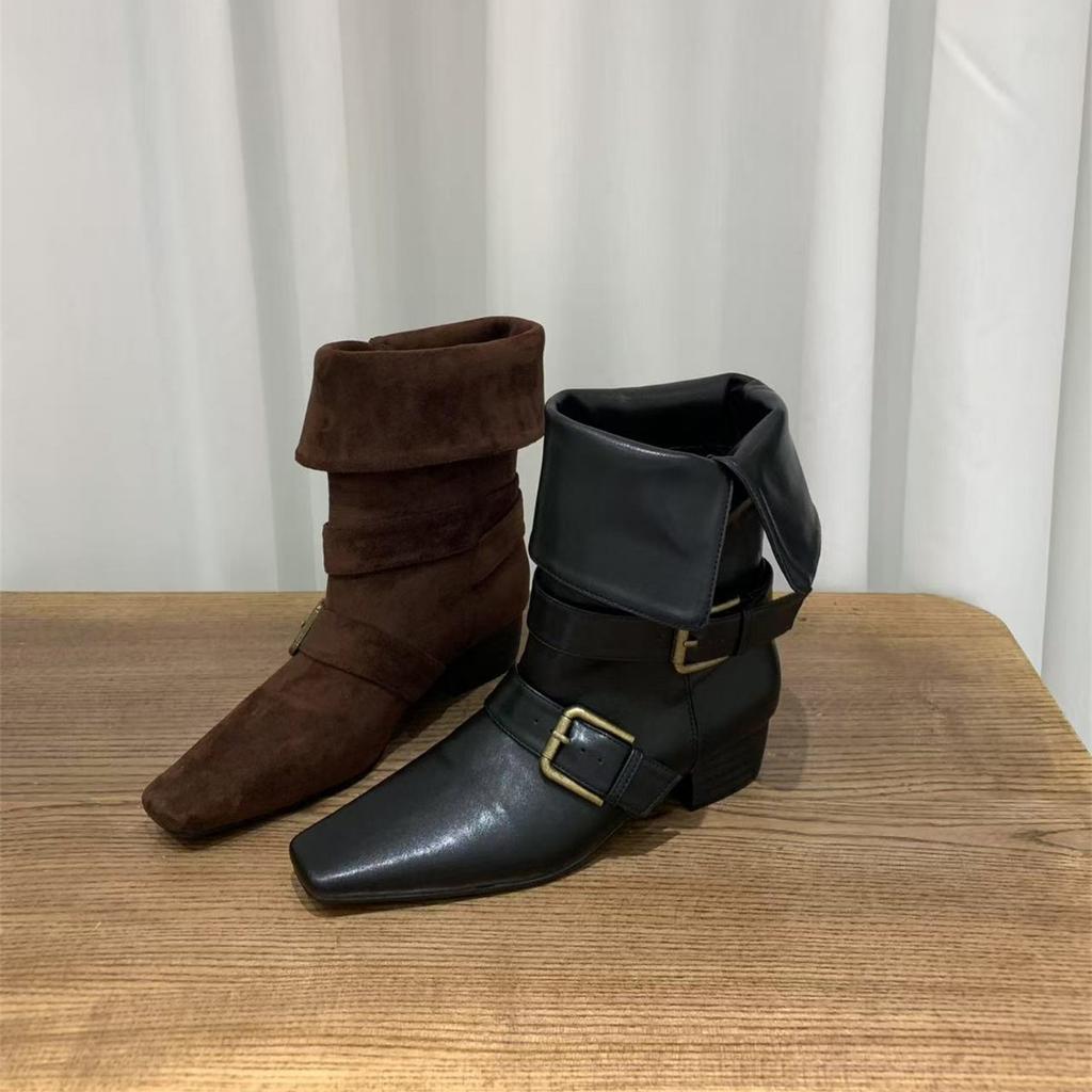 Thick heel retro suede western cowboy boots short boots women's boots 2025 new spring and autumn single boots square Martin boots