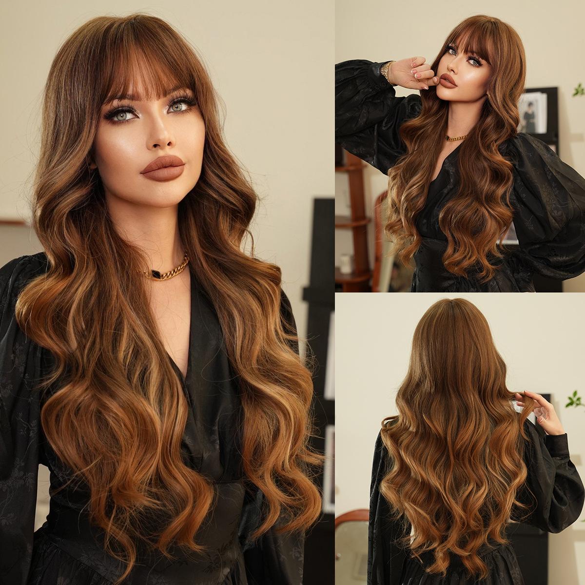 

New Fashion Gold Pickled Long Curled Hair with Large Wave Bands and bangs Chemical Fiber Headset Wavy Wigs