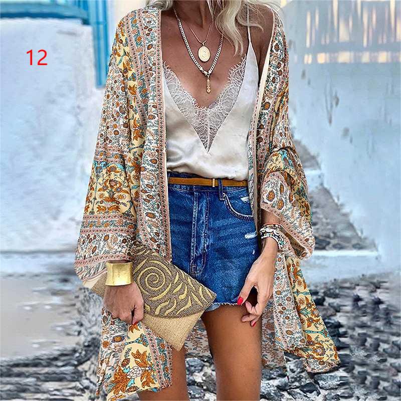 Summer Bohemian Casual Cloak Cardigan for Swimsuit Woman Beach Swimwear Tops Long Sleeved Shawl Chiffon Shirt