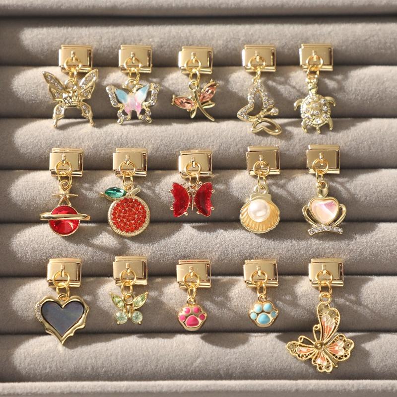 Butterfly Cat Paw Heart Shell Crown Gold Color Pendant Italian Charm Link Fit 9mm Bracelet Stainless Steel Women DIY Making Gift