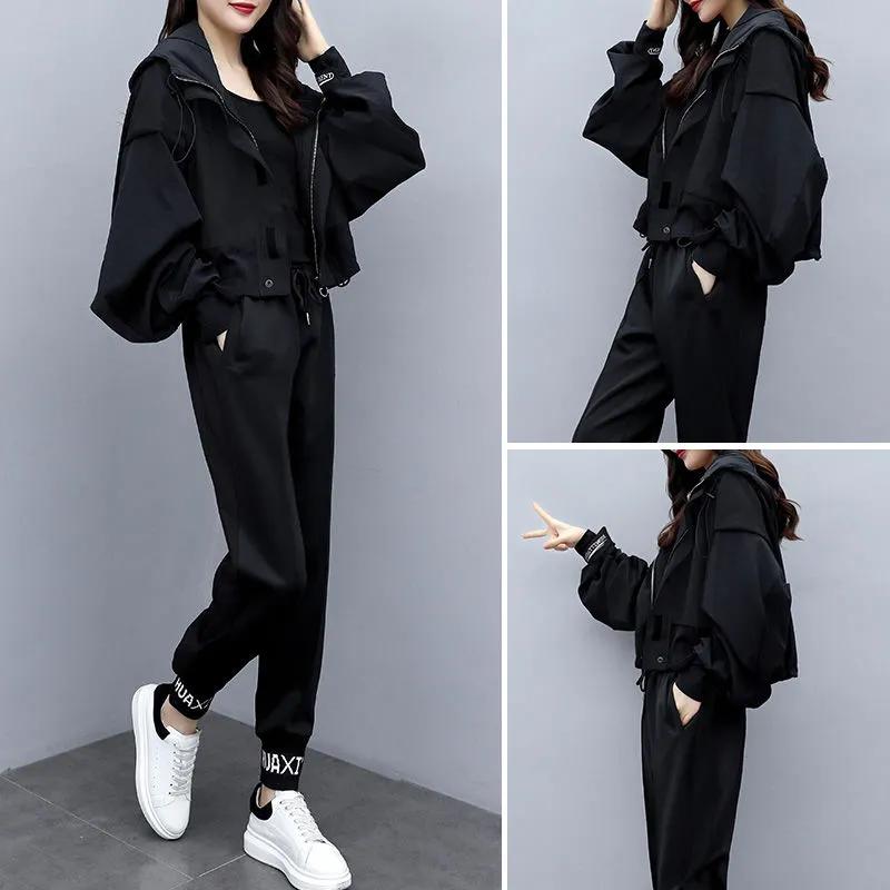 Women's Spring and Autumn Color Blocking Casual Suit Hooded Jacket + Pants Sports Aging Two Piece Set