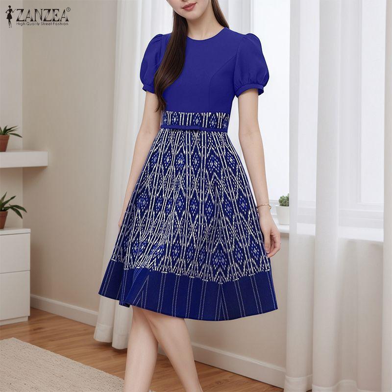 ZANZEA Damen Lässig Rundhals Sommer Kurzarm Print Kleid